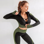 Nahtloses Fitness-Set "Suzi" in Ripp-Optik, 2-teilig - Zip-Top & Leggings - GYMAHOLICS